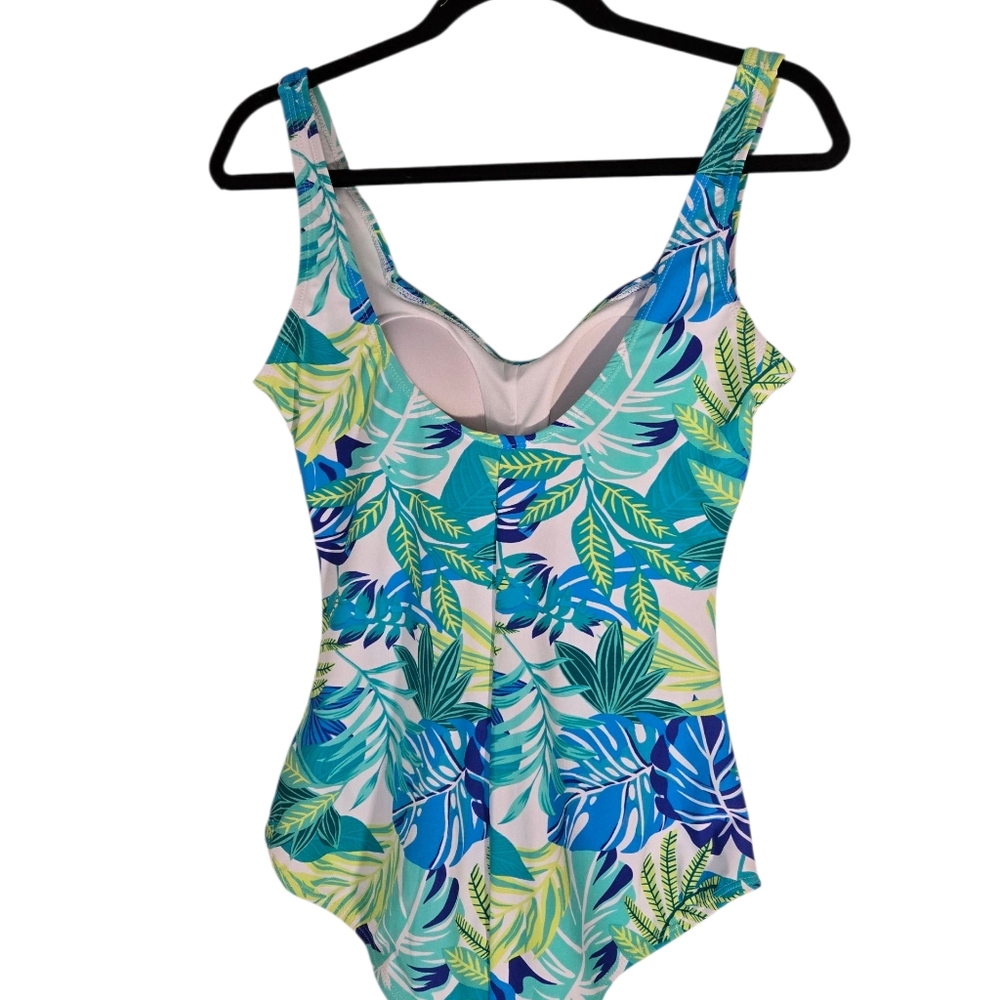 Tropical Leaf Ruched One-Piece Swimsuit - Blue/Green - Picture 7 of 8